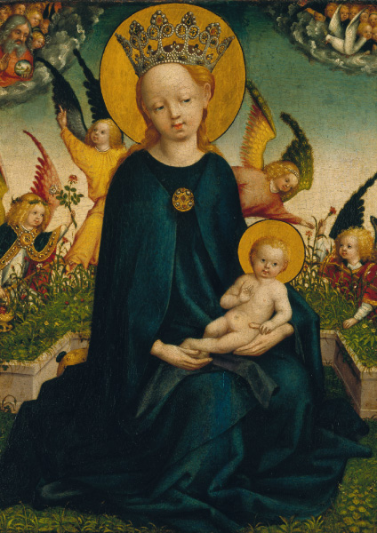 Klappkarte - Maria mit dem Jesuskind vor der Rasenbank Klappkarte - Maria mit dem Jesuskind vor der Rasenbank
