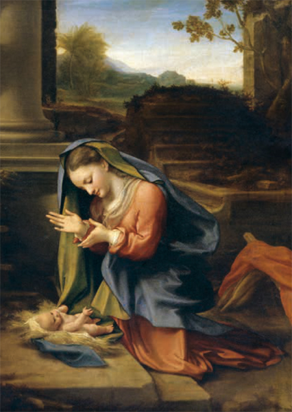 Kunst-Postkarte - Maria das Christkind anbetend