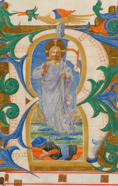 Bildchen - Historisierte Initiale "R" mit Auferstehung Christi