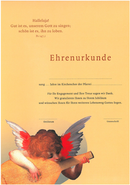 Ehrenurkunde für Mitgliedschaft im Kirchenchor Ehrenurkunde für Mitgliedschaft im Kirchenchor